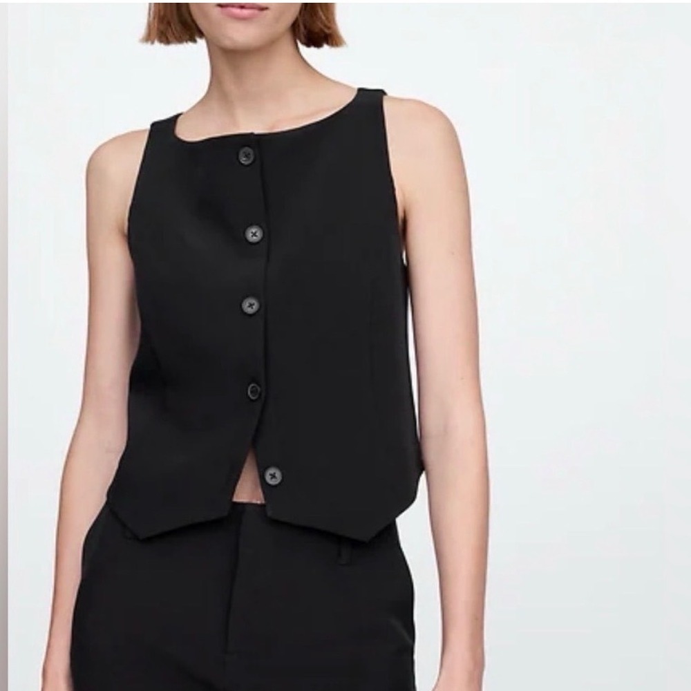 Gap Bistretch High Boat Neck Vest Top True Black Button Front Cropped - Medium